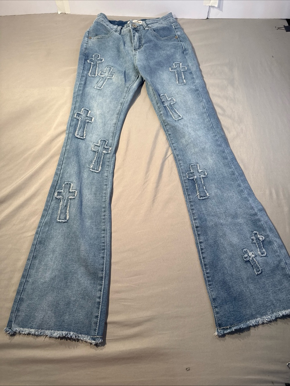 Bamboo Women’s Light Wash Embroidered Cross Flare Jeans